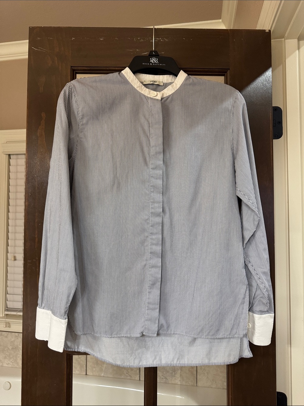 Fendi Blue Pinstripe Mandarin Collar Shirt with White Trim